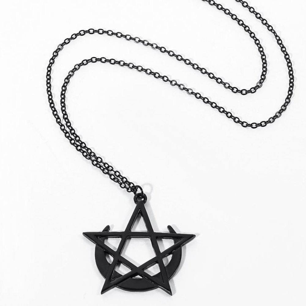 Gothic Pentagram Moon Goddess Wicca Necklace for Women Men Stainless Steel Magic